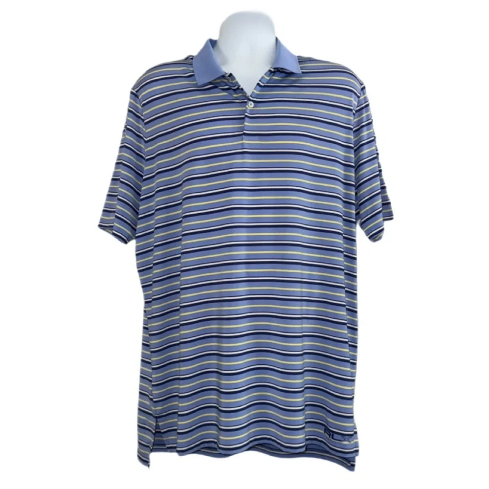RLX Ralph Lauren Striped Performance Polo Shirt XL Blue Yellow White Stretch